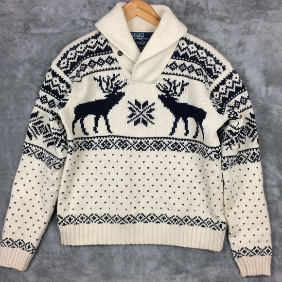 Polo Ralph Lauren Other - Polo Ralph Lauren Shawl Collar Sweater Mens L Reindeer Nordic Fair Isle Angora